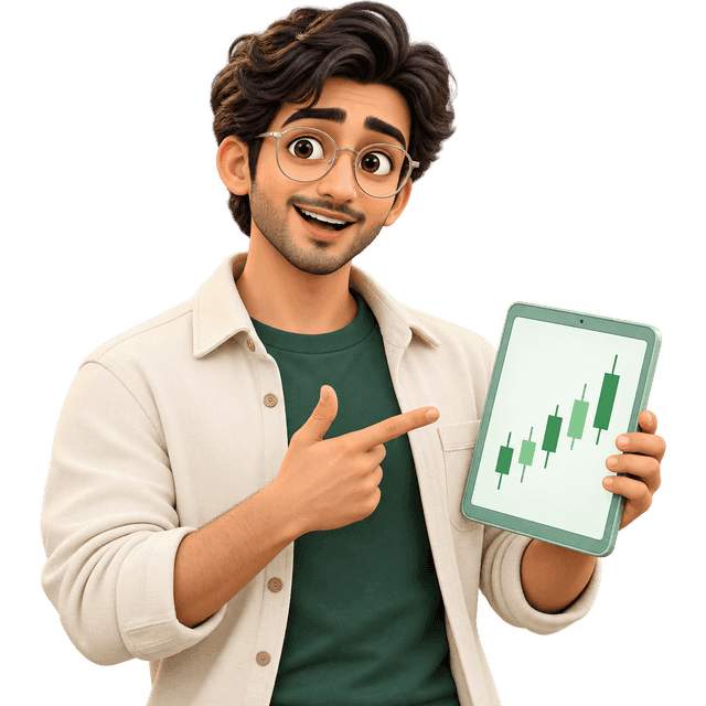 An inquisitive illustrated learner exploring a candlestick chart