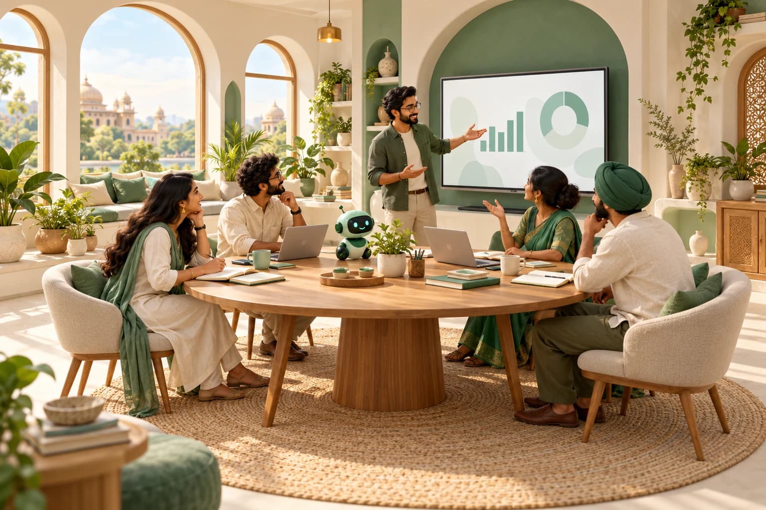 Illustrated learners discussing charts around a table in a sunlit community studio