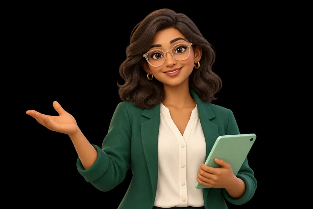 A welcoming illustrated educator holding a tablet